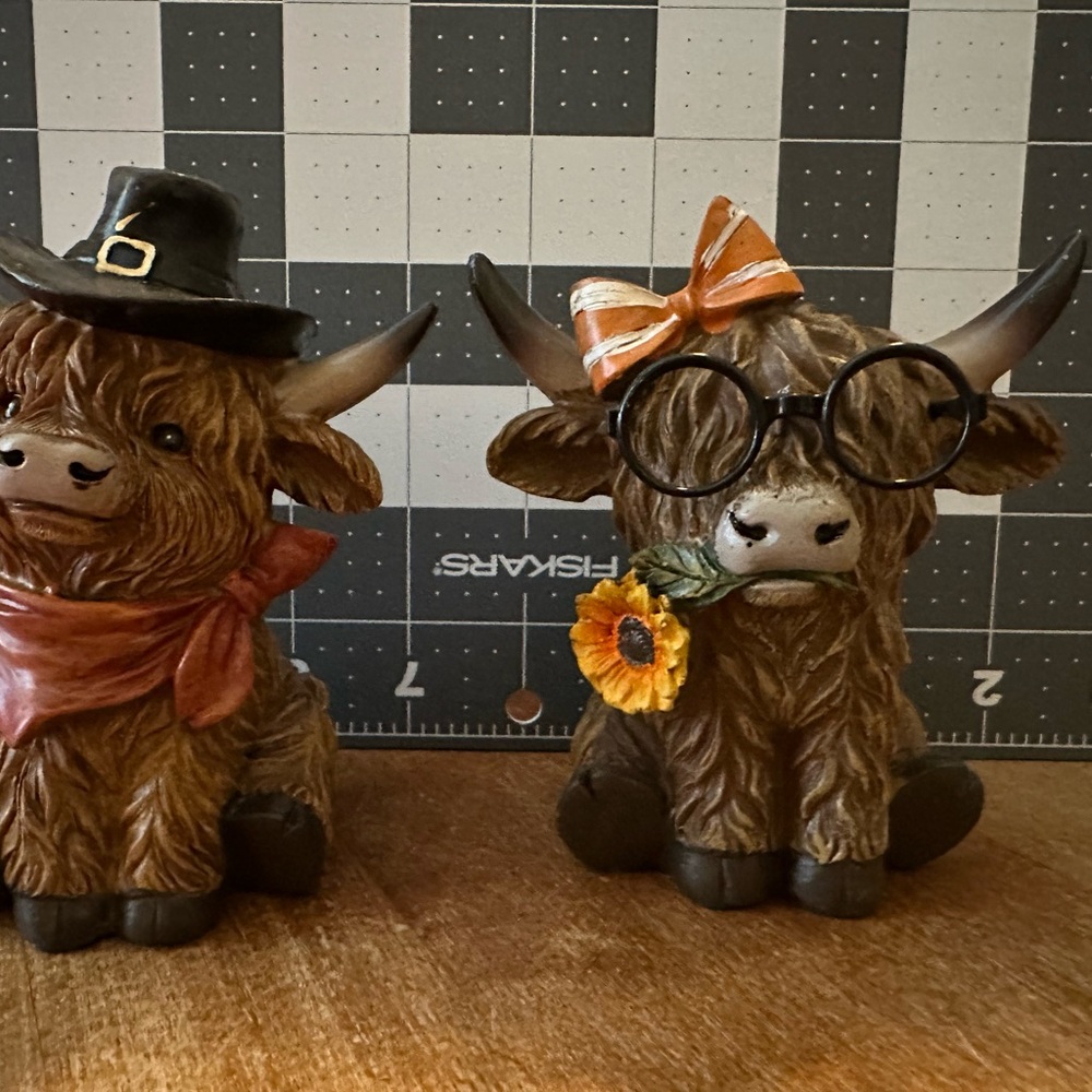 Hobby Lobby Brown Highland Cow Figurines with Black Hat and Orange Bow